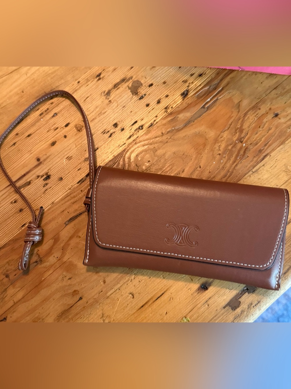 Celine Cognac Leather Triomphe Clutch Wristlet